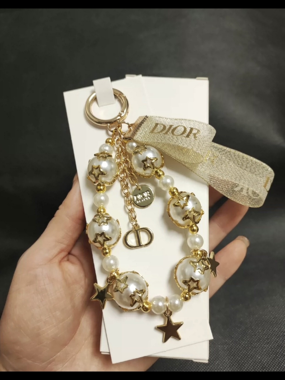 Gold and Ivory Pearl Star Charm Bracelet Keyring